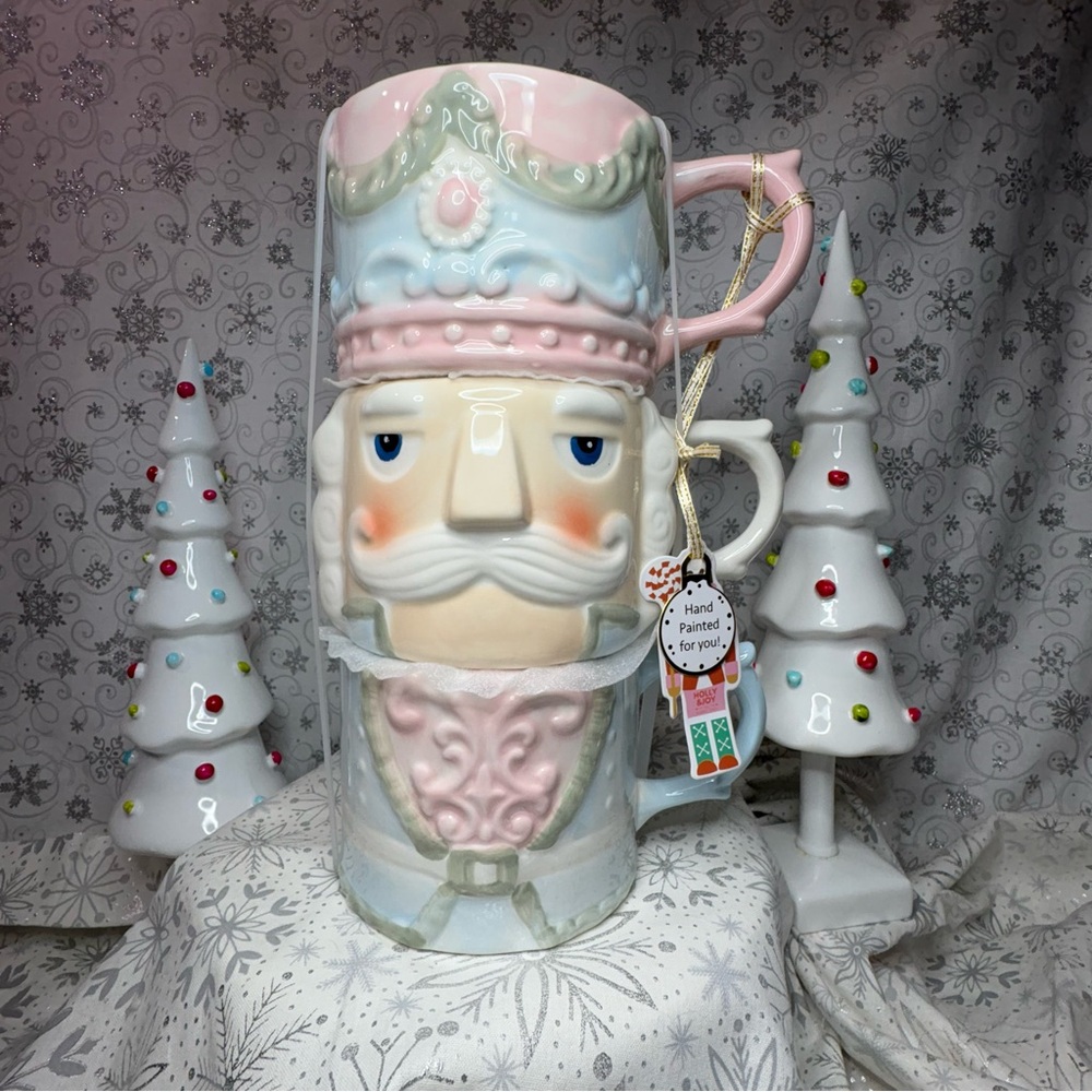 Holly & Joy Pastel Pink Green Blue Ceramic Stacked Christmas Nutcracker Mugs